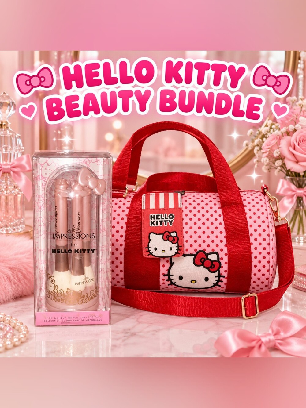 NWT Hello Kitty Beauty Bundle Mini Duffel Bag & Makeup Brush Set